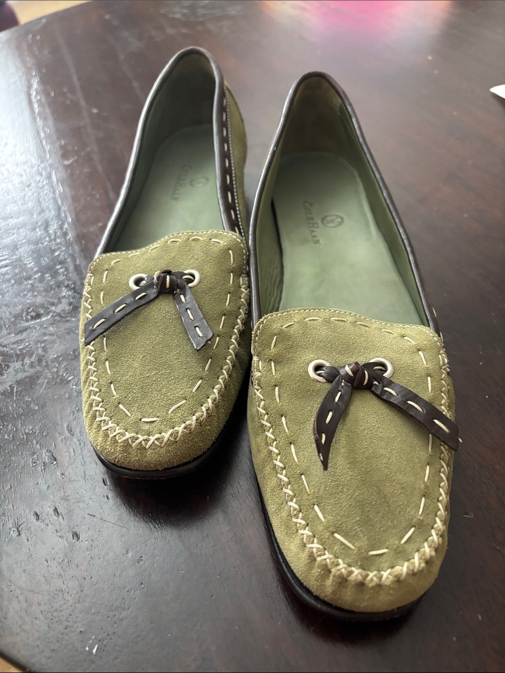 Cole Haan Olive Green Suede Moccasin Loafers with Bow Trim